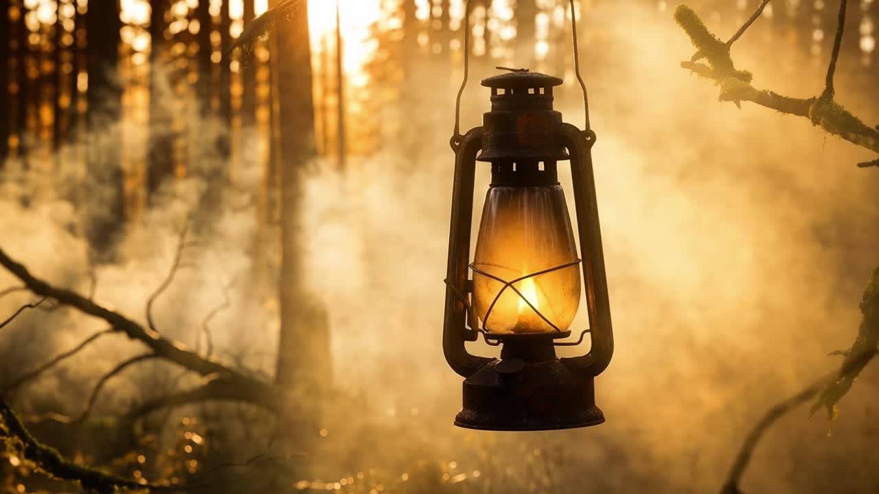 Lanterna a cherosene appesa che ondeggia su un ramo di un albero nella foresta mentre i raggi del sole penetrano la nebbia e il fumo alla deriva