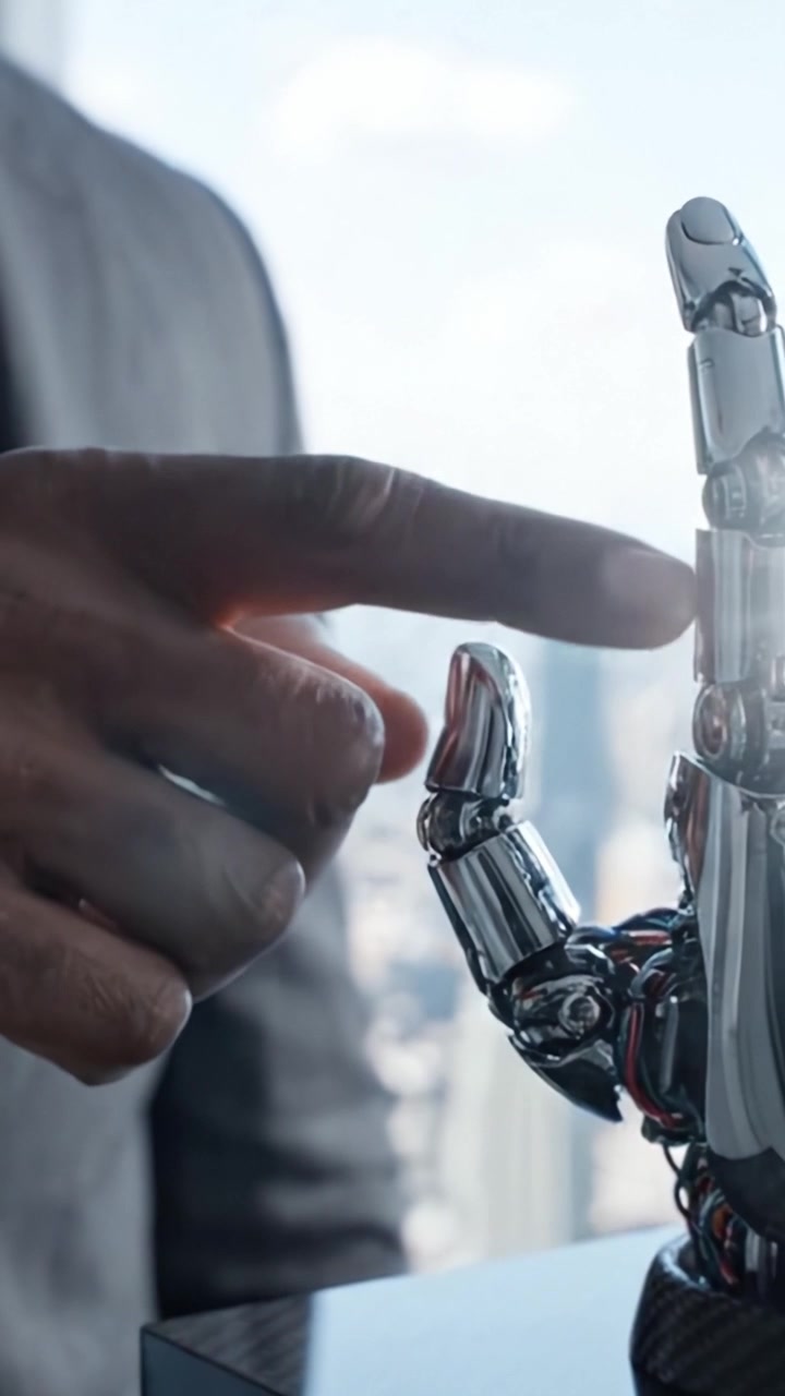 A Futuristic Encounter: A Robotic Hand and a Businessman Engage in a Captivating Interaction in a Modern Cityscape Setting