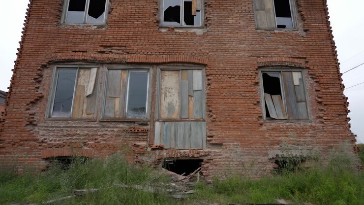Edificio de ladrillo abandonado con ventanas tapiadas, paneles de madera desgastados, cristales superiores rotos, parte inferior colapsada