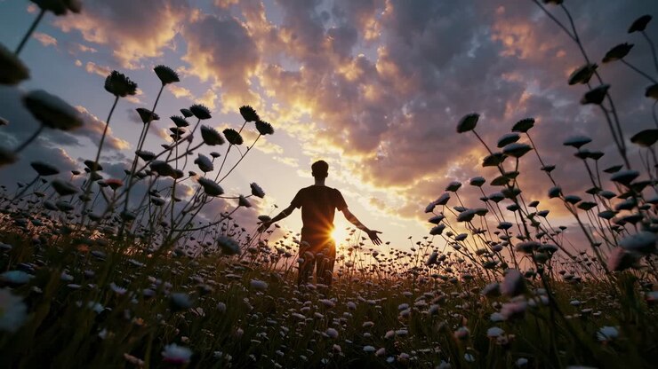 Silhouette di una persona con le braccia tese in un campo fiorito al tramonto