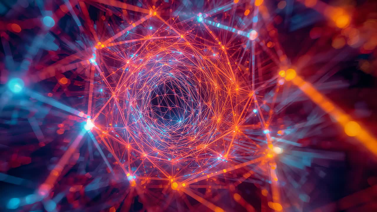 Moving camera, center hex tunnel spinning inward in void, showing forward motion with nodes, mesh