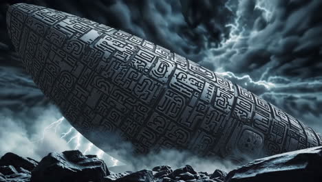 ancient alien artifact in a stormy landscape
