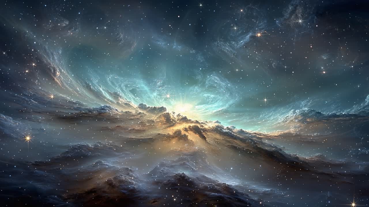 A breathtaking cosmic vista unfolds, showcasing a mesmerizing nebula filled with radiant colors and sparkling stars, illuminating the vastness of deep space in a stunning celestial display