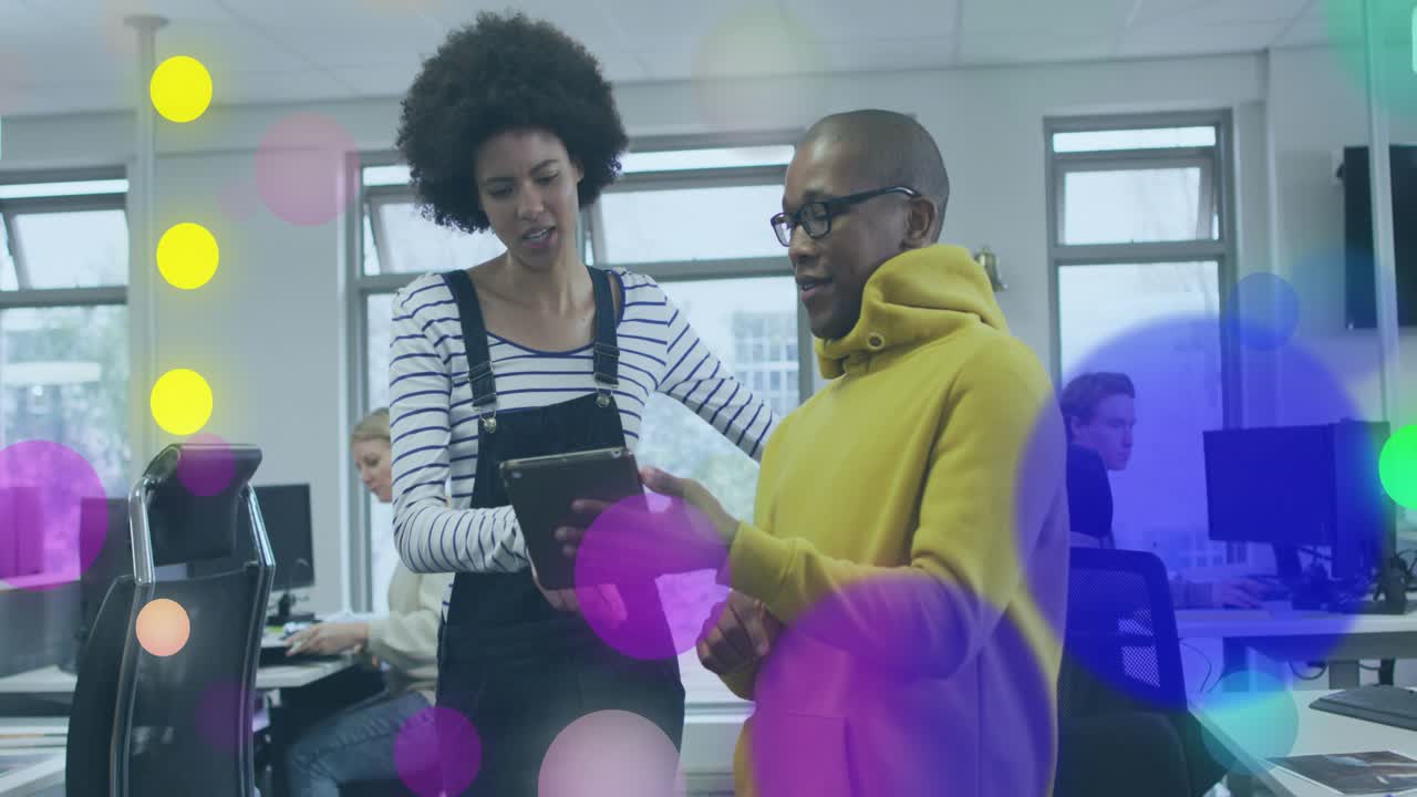 Business colleagues using tablet as pulsing circles guiding woman pointing and man swiping for demo