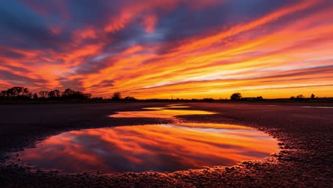 stunning reflections of a vibrant sunset in puddles on a calm road, capturing the beauty of nature's colors and light in twilight