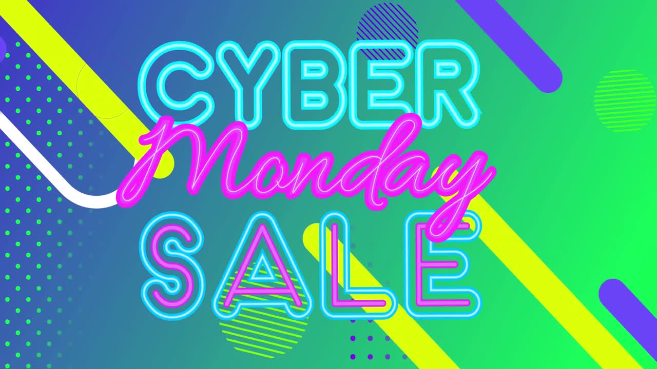 Animation of cyber monday sale neon text with abstract shapes on green to blue gradient background