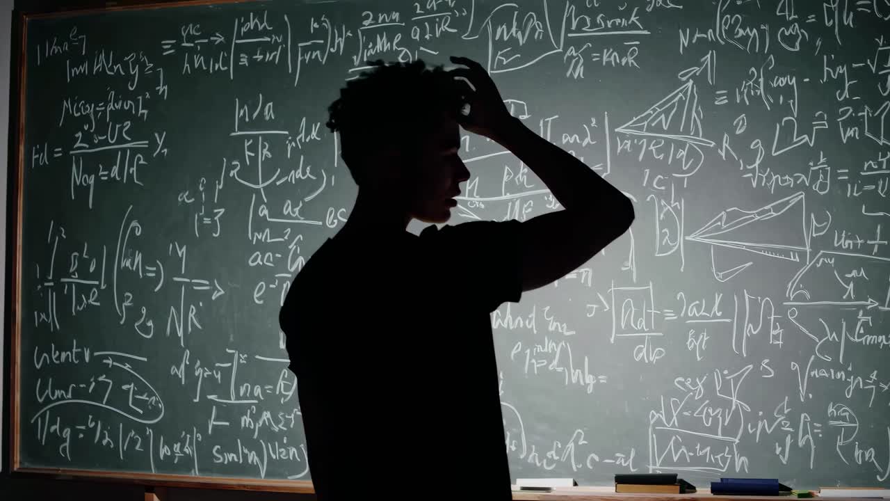 Silhouette of a person pondering in front of a chalkboard filled with equations