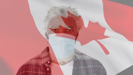 animación de la bandera de canadá ondeando sobre un hombre con máscaras faciales