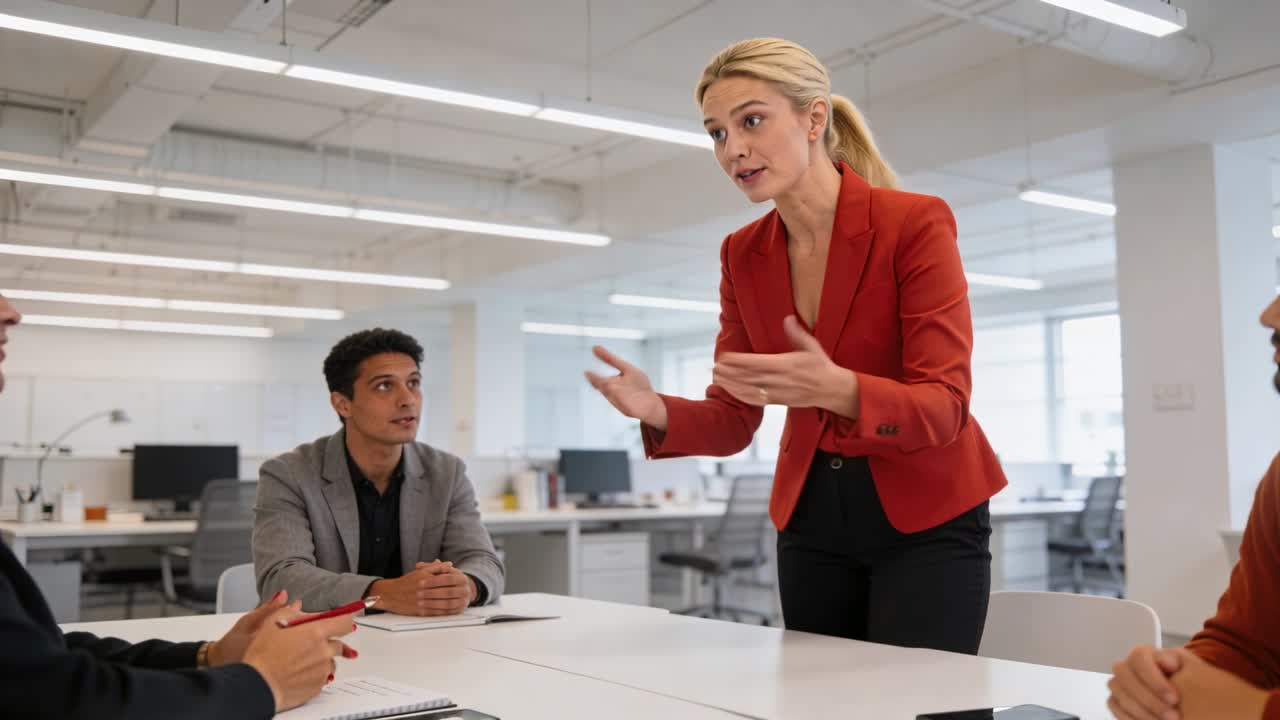 Starting meeting, leading woman in red blazer addressing team at meeting table, reviewing project