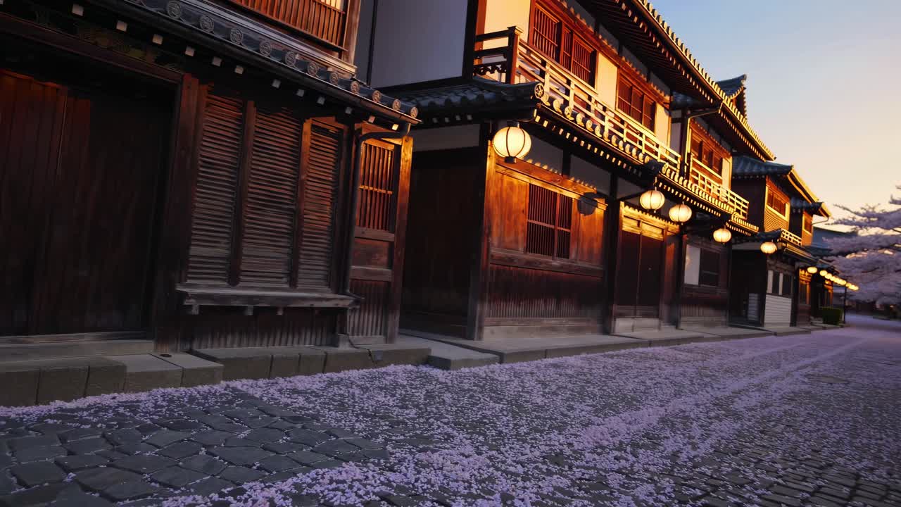 桜が咲き誇る、趣のある日本の街並み