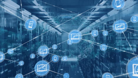 animation of network of connections over spinning human brain icons against computer server room