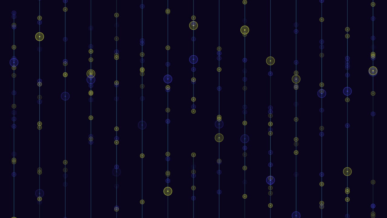 Vibrant zigzag floating dots in purple and green on black background.