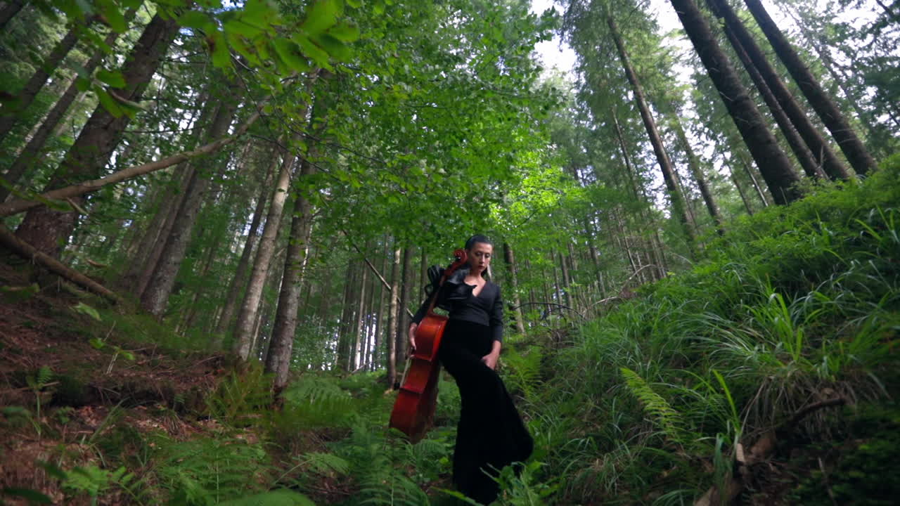 Female musician among green nature. Beautiful woman in luxury dress walking in the forest with a large cello in her hands.