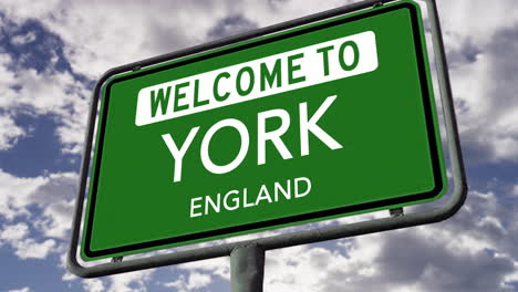 Bienvenido-A-York,-Inglaterra,-Señal-De-Tráfico-De-La-Ciudad-Del-Reino-Unido,-Animación-3d-Realista