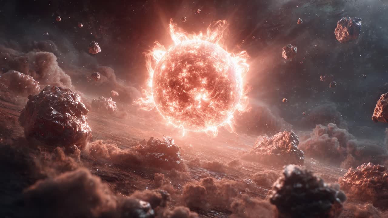 A Celestial Journey Through an Explosive Solar Landscape with Glowing Asteroids and Cosmic Dust in a Vibrant Universe Full of Energy and Light