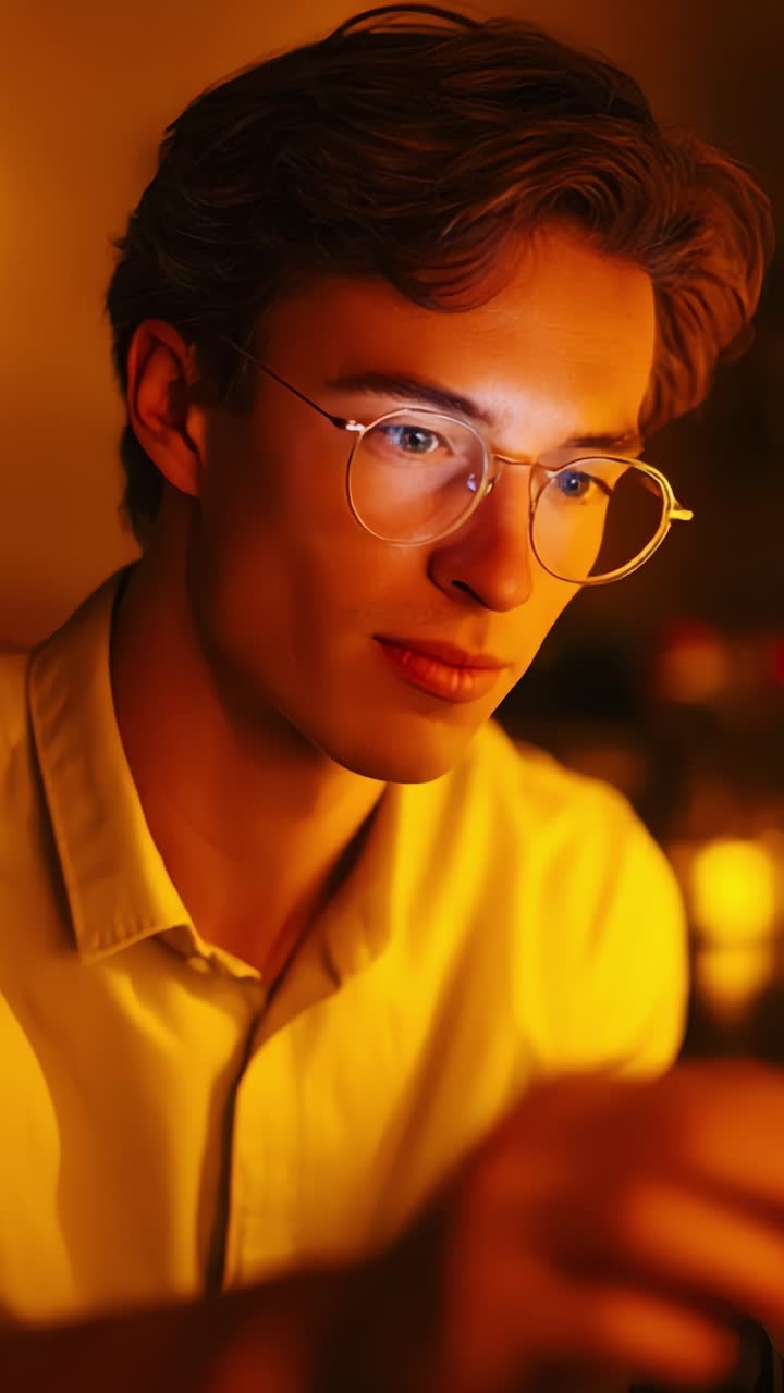 Engaged in Thought: A Close-Up of a Young Man with Glasses, Illuminated by Warm Light, Deeply Focused on a Task in a Cozy and Engaging Environment