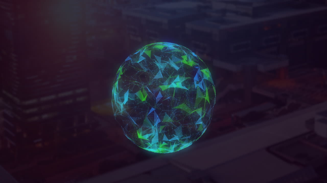 Animation of globe of plexus networks spinning against aerial view of cityscape