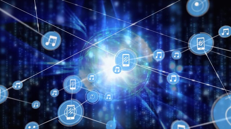 Animation of network of connections with icons over data processing