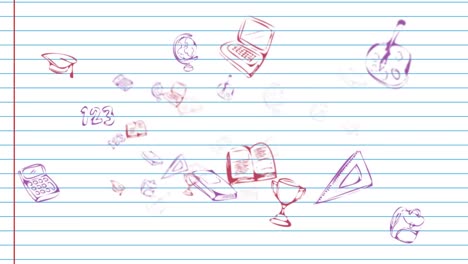 animation of falling school items over white background