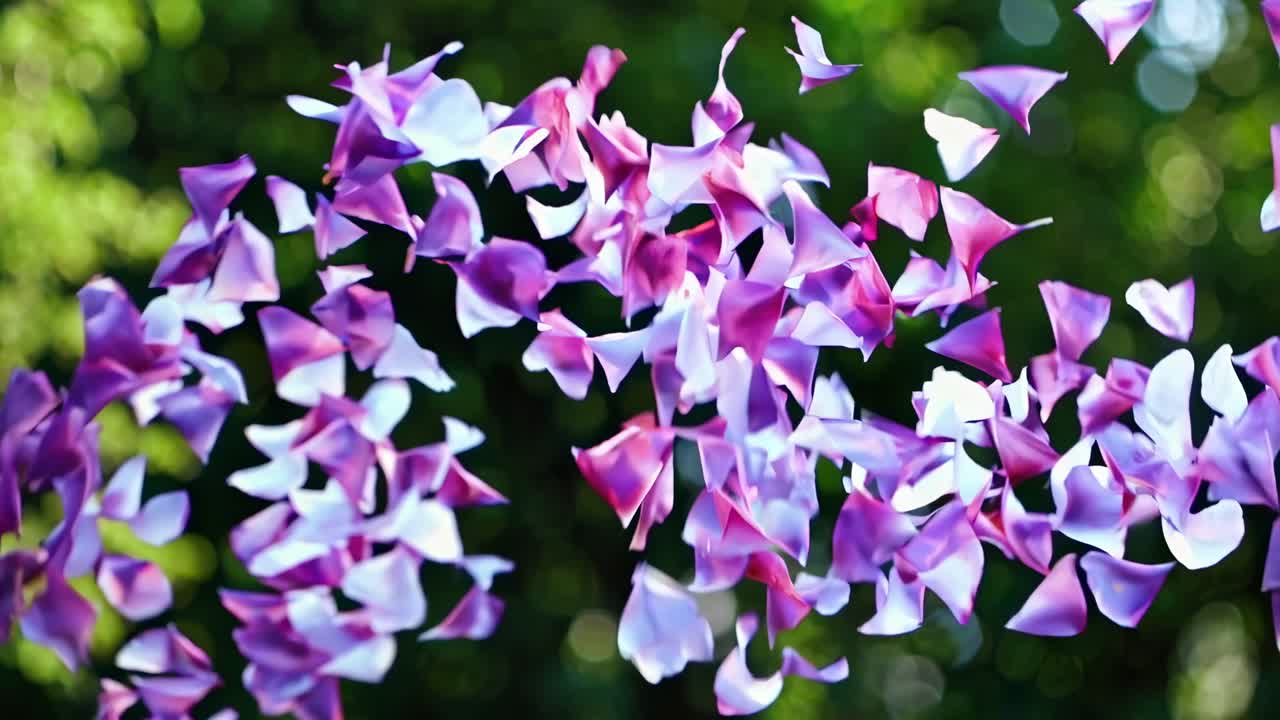 Video ravvicinato di vivaci petali viola e bianchi che fluttuano su uno sfondo verde sfocato