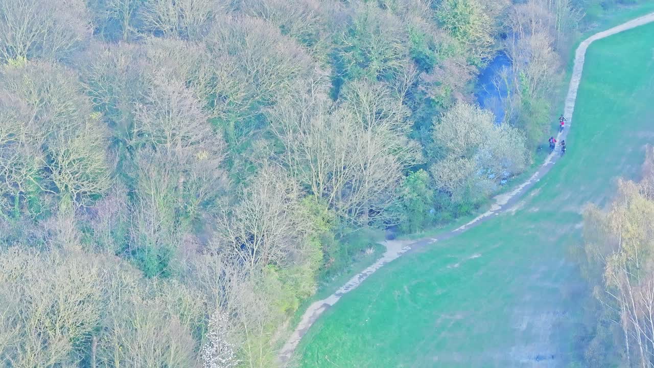Bikers and runners on a winding path through ancient oak-birch woodland, featuring native broadleaf and conifer species adapted to the South Yorkshire landscape in Netherwood Country Park, Wombwell