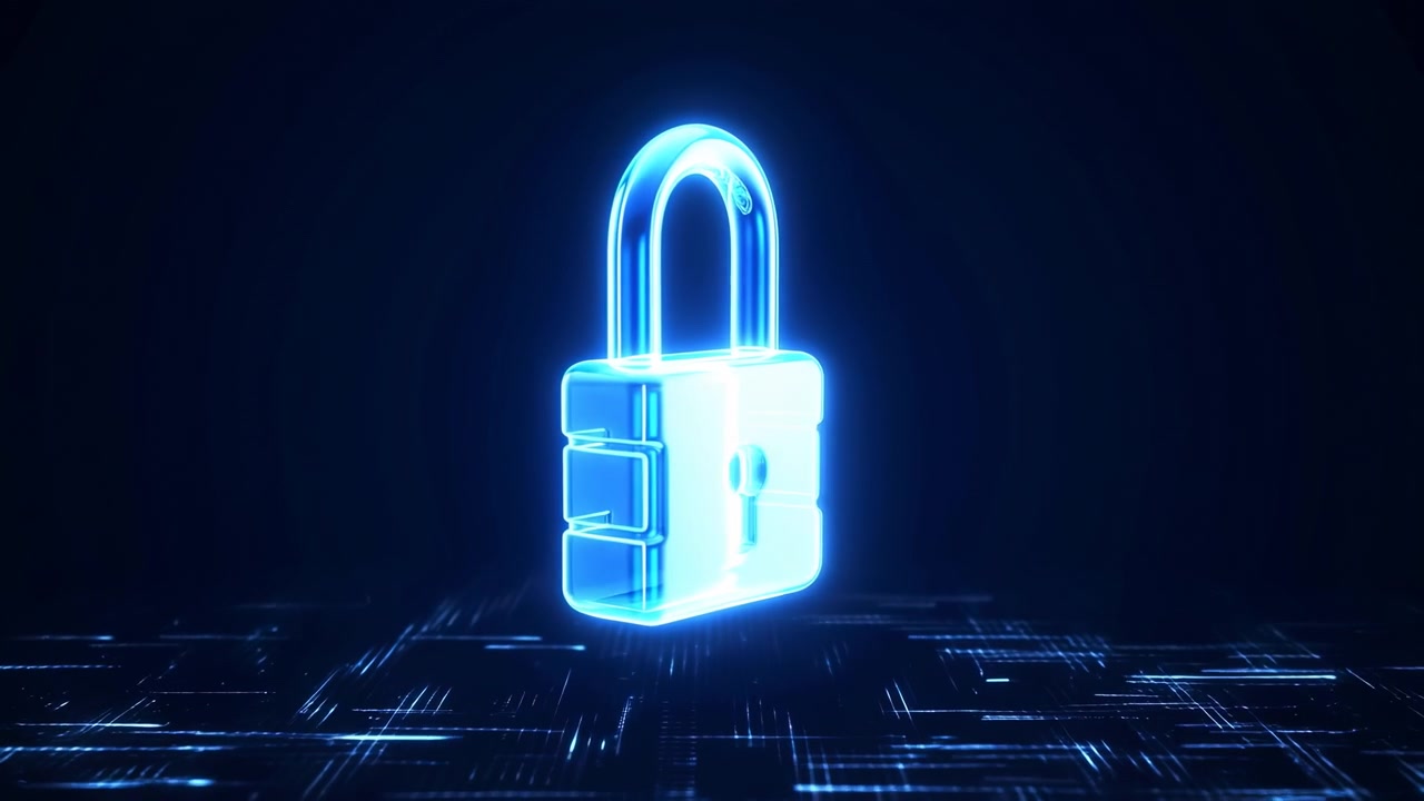 Bright cyan padlock slowly turns against dark blue background above patterned electronic surface, showing transparent edges, luminous body, curved shackle, and front keyhole.