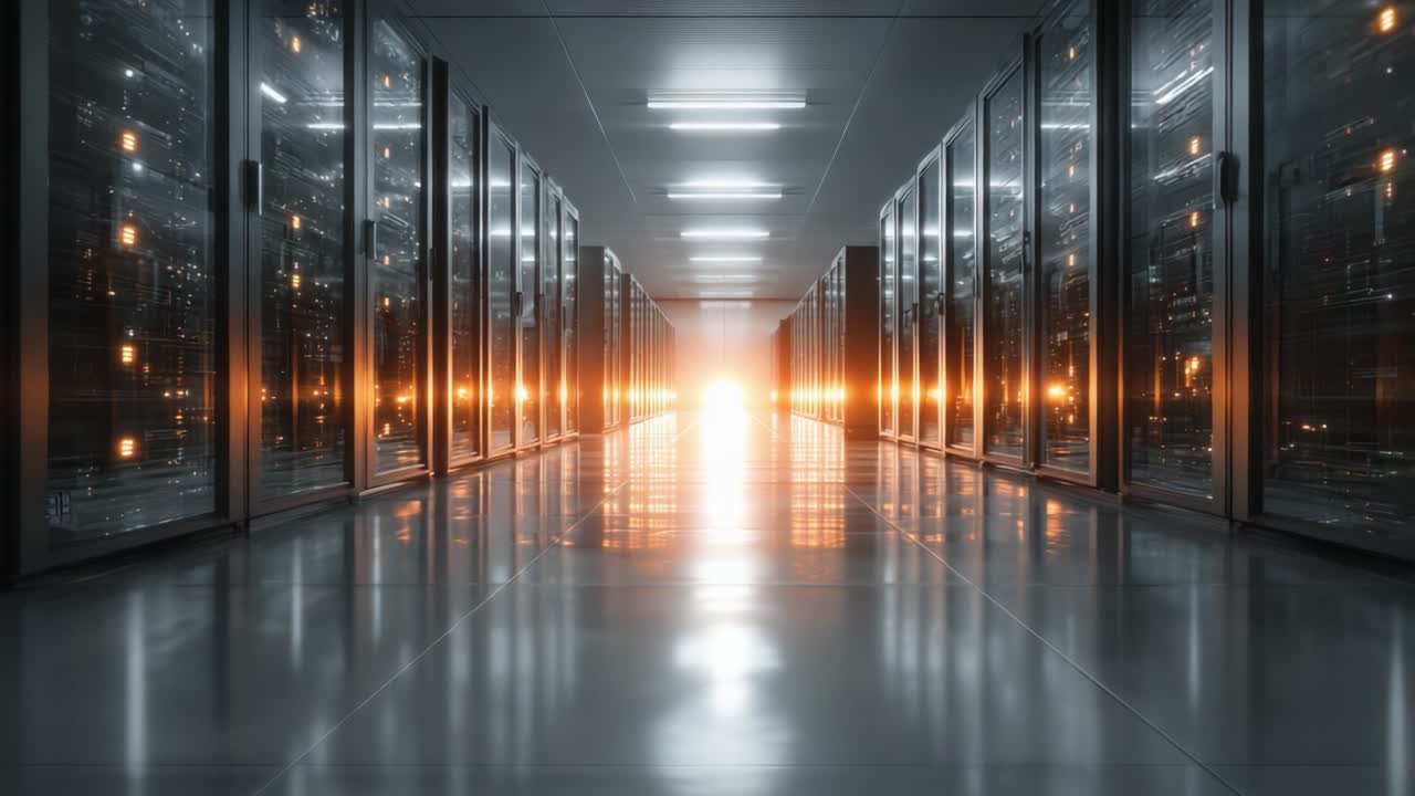 A Stunning Glimpse Inside a Futuristic Data Center: Illuminated Aisle of Server Racks Bathed in Soft Orange Light with a Sense of Depth and Technology Advancement