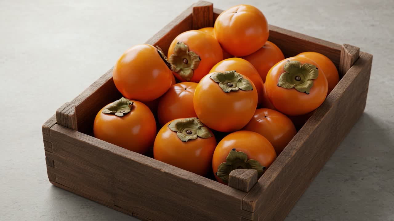 A Beautifully Arranged Collection of Ripe Persimmons in a Rustic Wooden Box, Showcasing Their Vibrant Color and Unique Texture for Culinary Inspiration