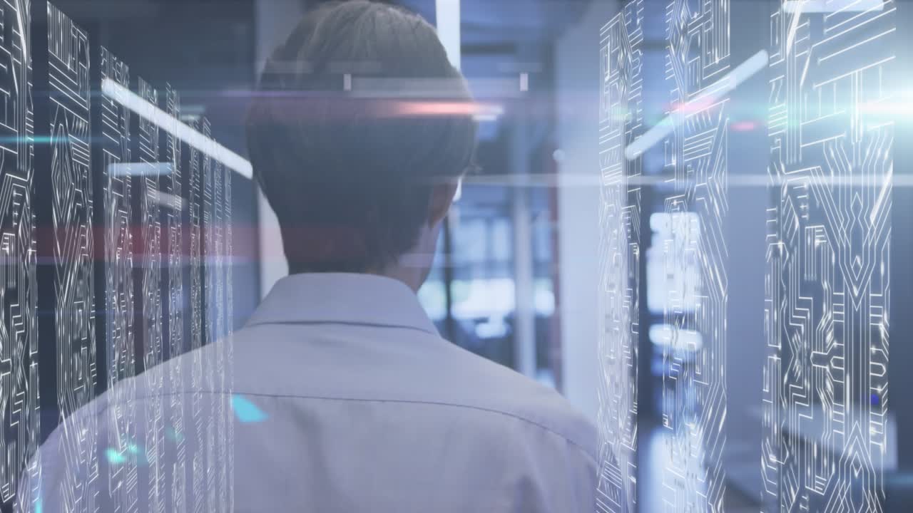 Animation of lights over caucasian men in server room
