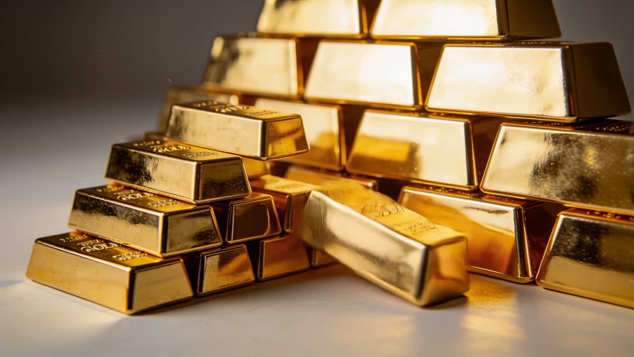Lingotto d'oro in primo piano che scivola in avanti dopo una leggera spinta, spostando i lingotti vicini sul tavolo.