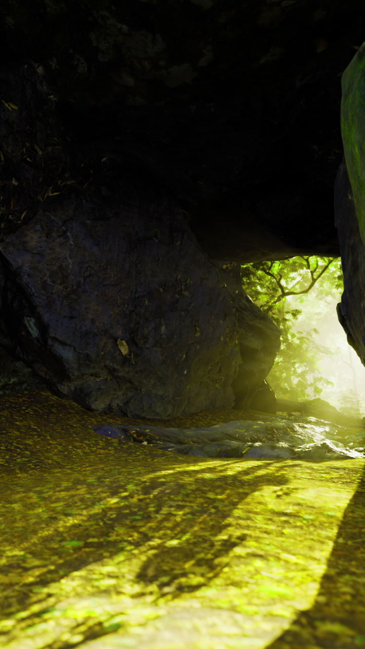 Cave entrance lit by sunlight among lush greenery