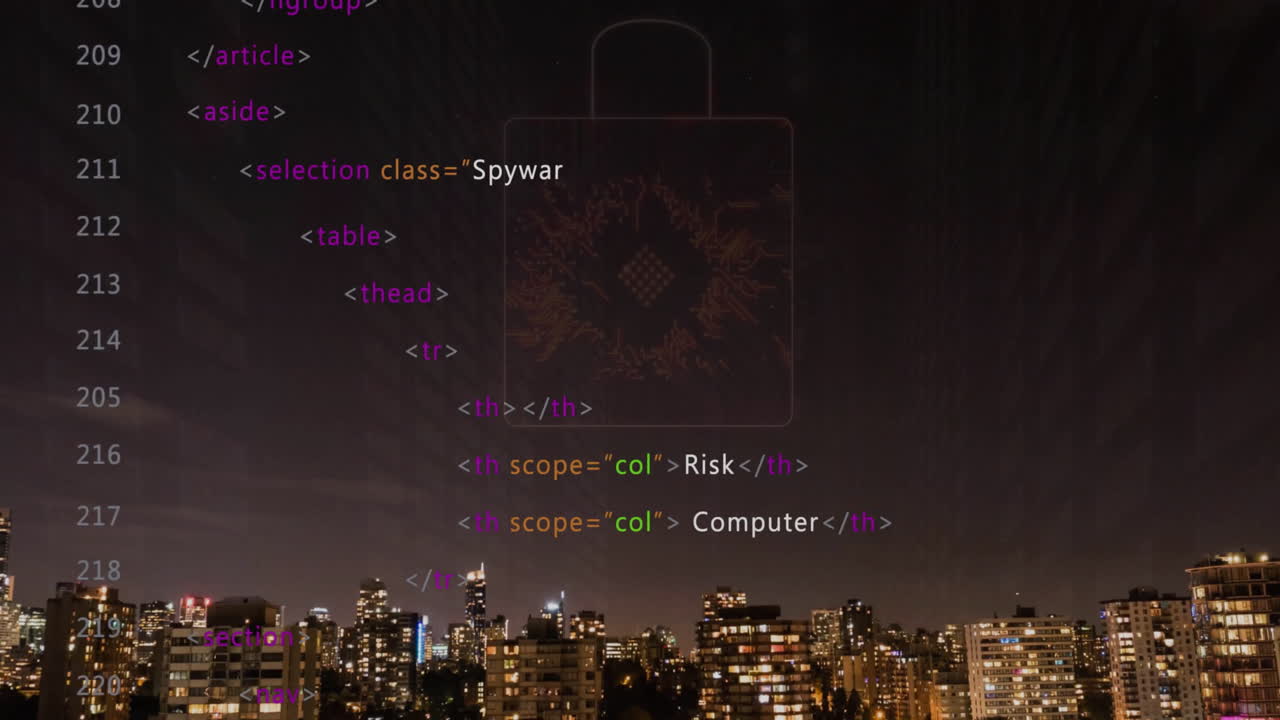 Animation of financial data processing over cityscape