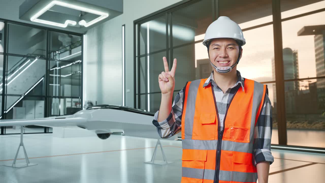 ingeniero masculino asiático con casco de seguridad sonriendo y mostrando un gesto de paz mientras está de pie con el proyecto de drones