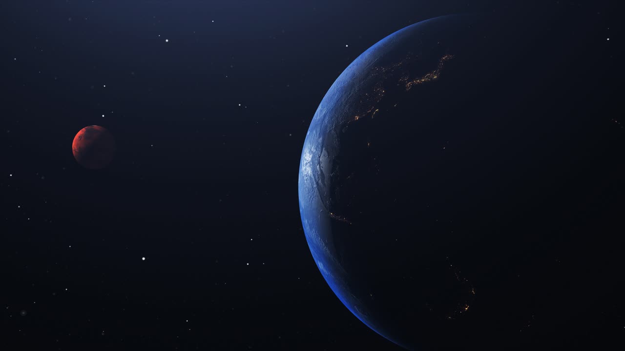 4k tierra y planeta marte giran hacia el sol en el universo
