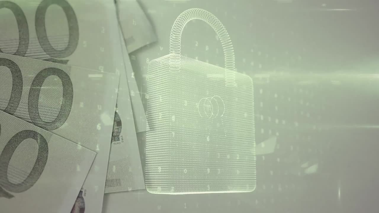 animación del candado y procesamiento de datos en movimiento sobre billete de banco