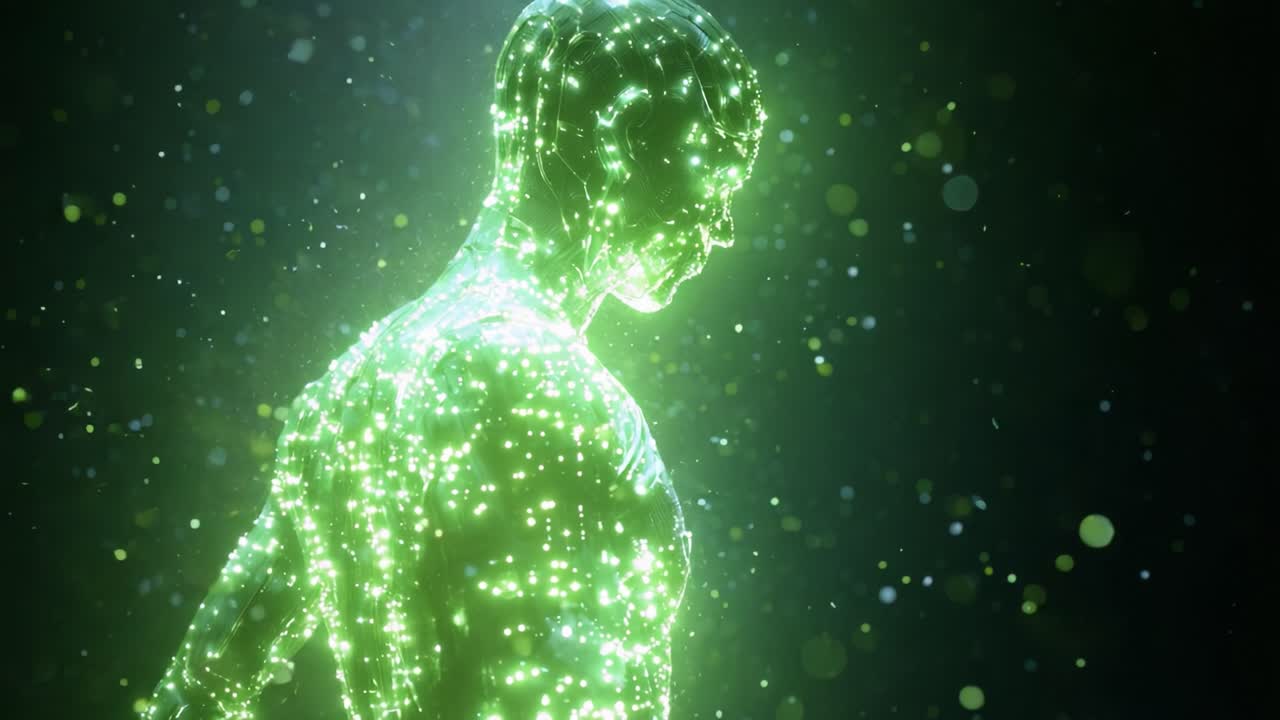 A stunning representation of a humanoid figure enveloped in a mesmerizing display of glowing particles, capturing the essence of energy and transformation amidst a mystical atmosphere