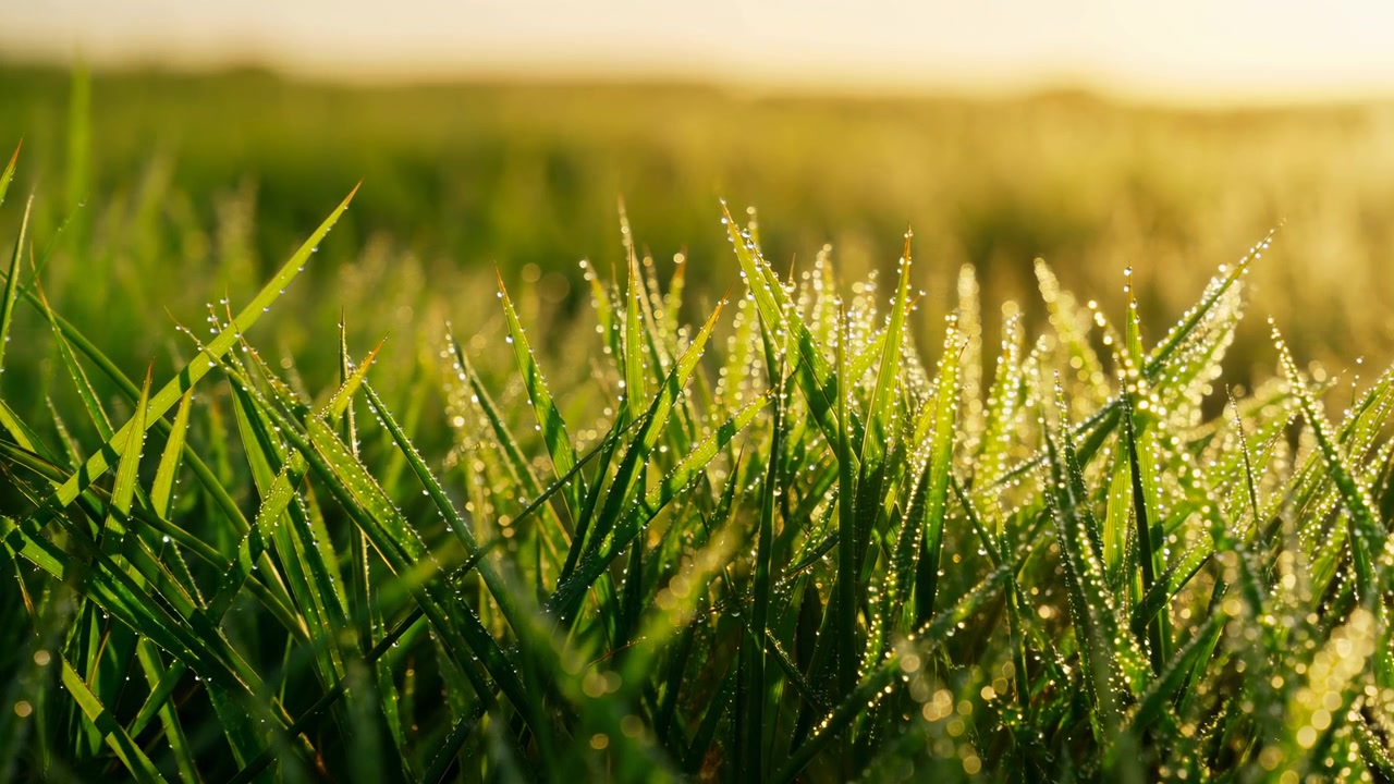Erba rugiadosa all'alba, fili illuminati dal sole che brillano attraverso il prato con un bokeh caldo e dorato, prospettiva ravvicinata