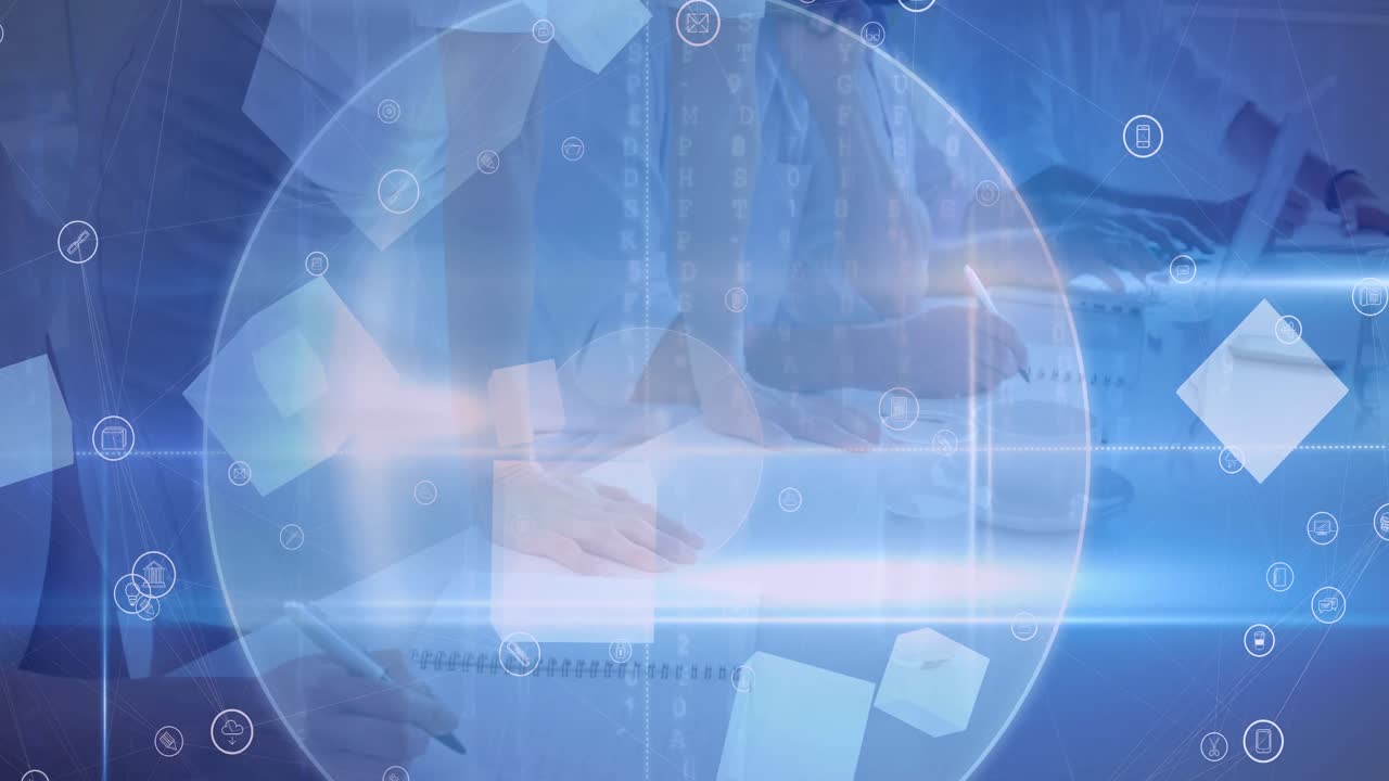 사무실에서 일하는 사무실 동료 그룹의 중간 섹션에 빛의 트레일과 범위 스캐닝