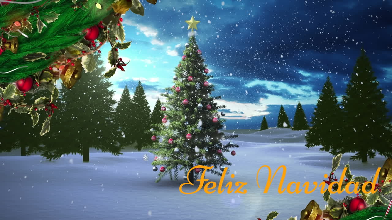animación de ramas de árboles decoradas sobre texto de feliz navidad y árbol de navidad en el paisaje de invierno