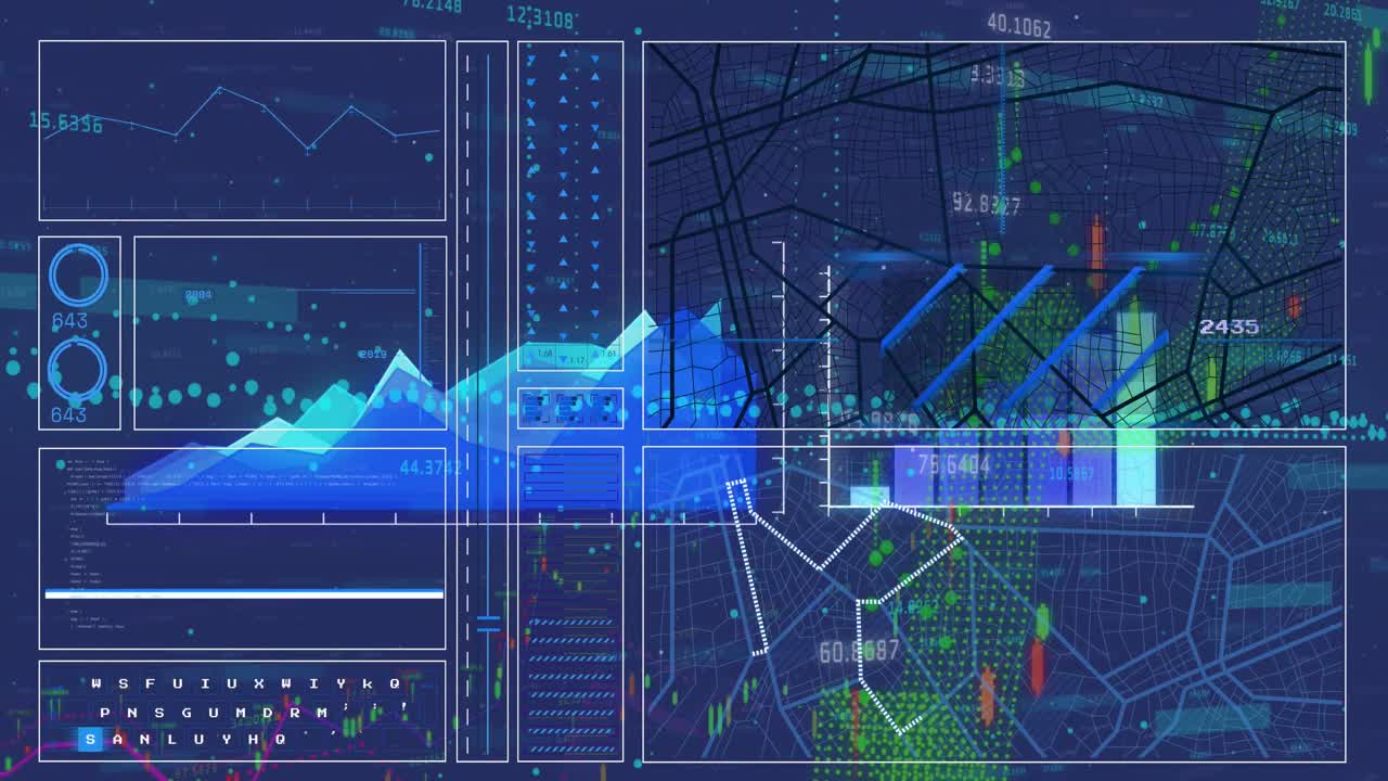 animación de la interfaz con el procesamiento de datos financieros y estadísticos contra un fondo azul.