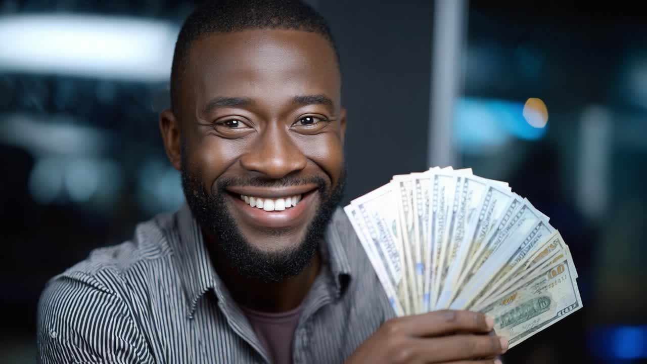 Uma pessoa alegre exibe orgulhosamente um leque de notas de dinheiro, mostrando uma sensação de realização, sucesso financeiro e um sorriso radiante em um ambiente bem iluminado