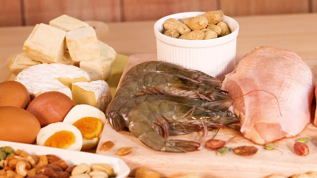 variedad de fuentes de proteínas en fondo de madera