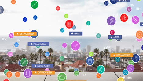 animación de iconos de redes sociales, paisajes urbanos y conexiones.