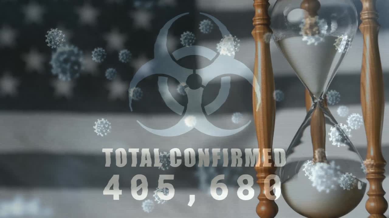 전체 확정된 증가 숫자와 매크로 코로나19 세포가 떠다니는 위험 표지판의 애니메이션