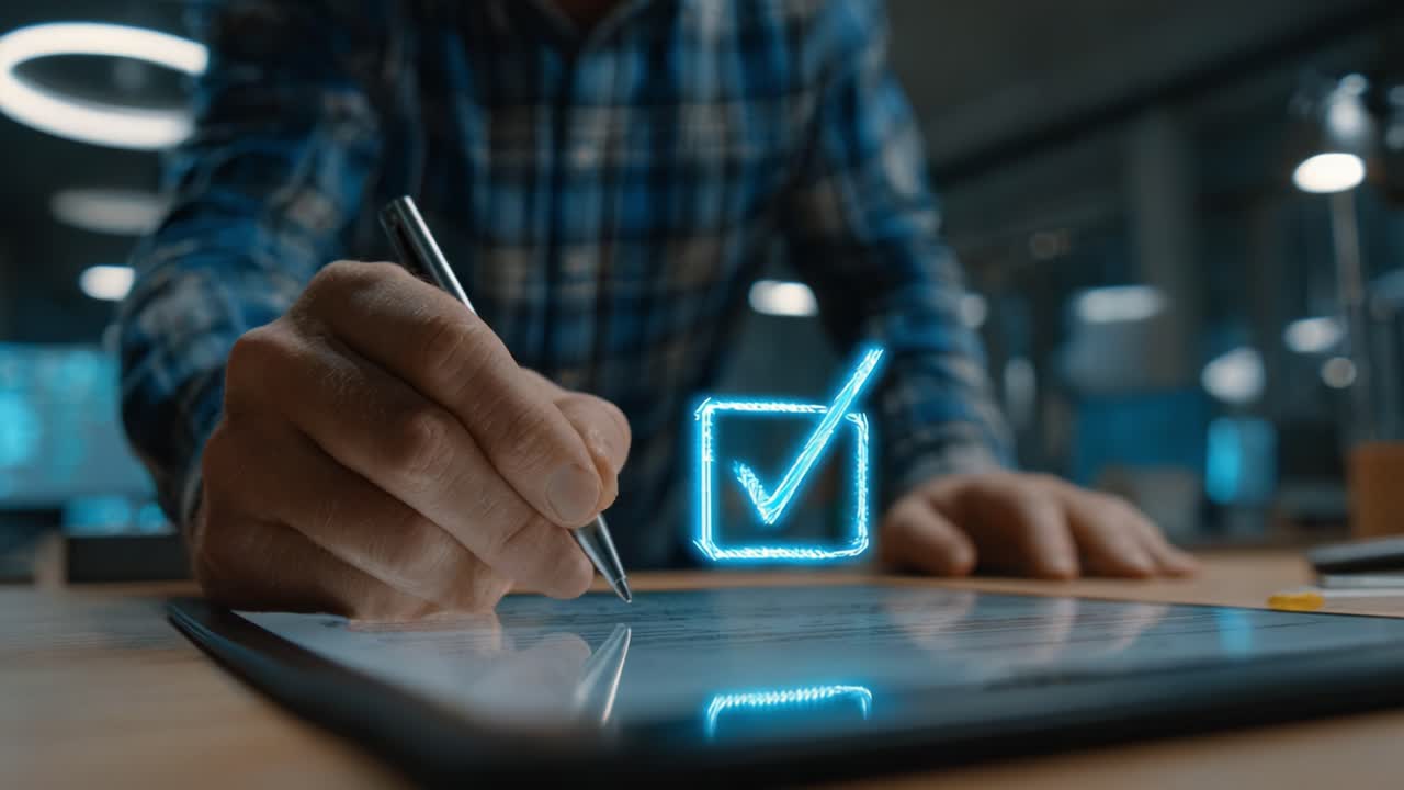 A person engaged in digital paperwork, using a pen to confirm checkboxes on a tablet, prior to finalizing important tasks in a modern office environment
