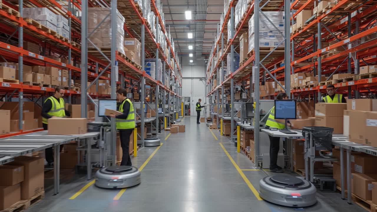 Modern Warehouse Operations Featuring Automated Robots and Workers Collaborating Efficiently in a Well-Organized Storage Environment