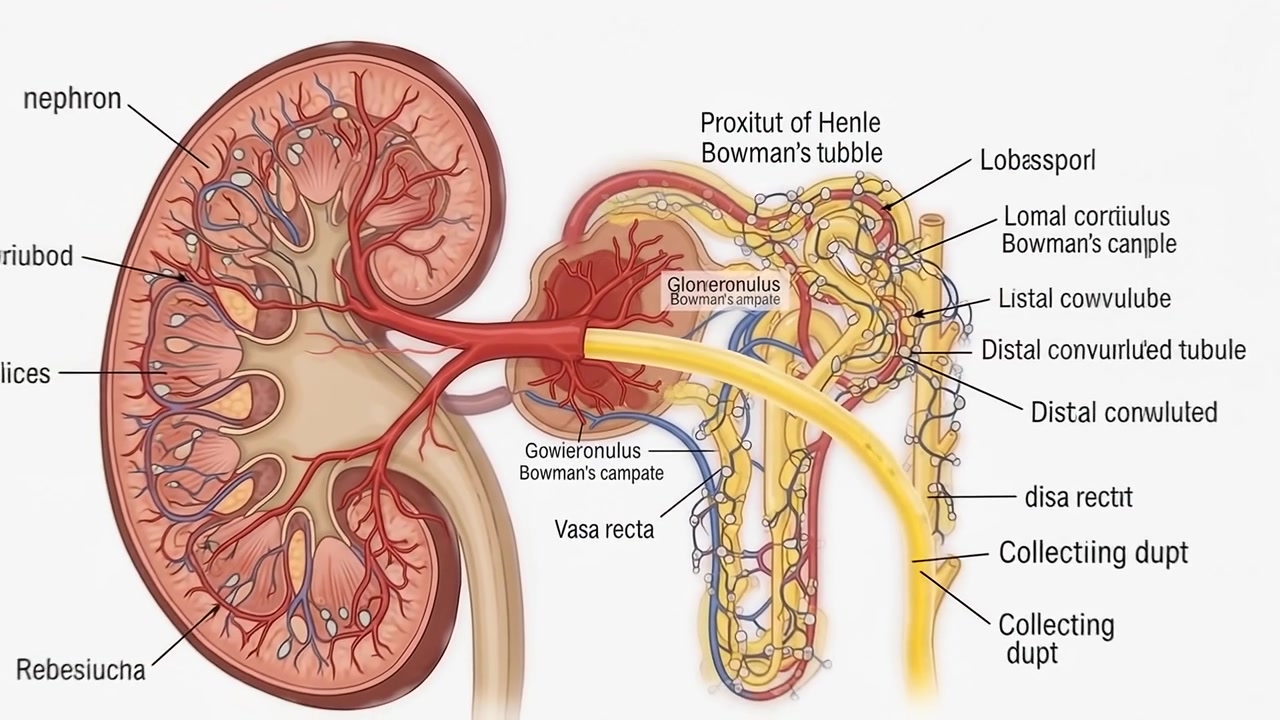 Anatomical Diagram of Human Kidney Structure and Nephron Function
