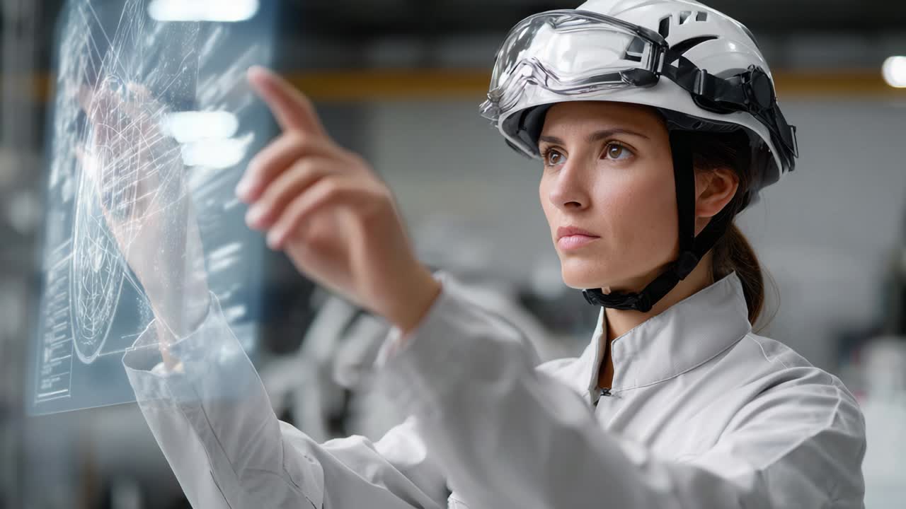 A focused engineer in a hard hat interacts with advanced holographic displays, analyzing complex data visualizations in a high-tech industrial environment