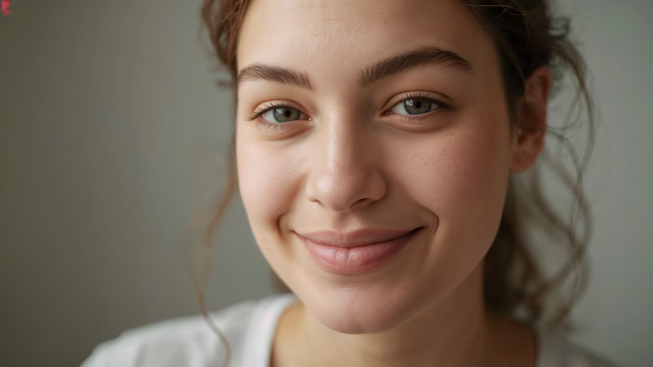 Smiling woman reacting to off-camera cue, closing eyes, turning head at gray wall, white top, chain