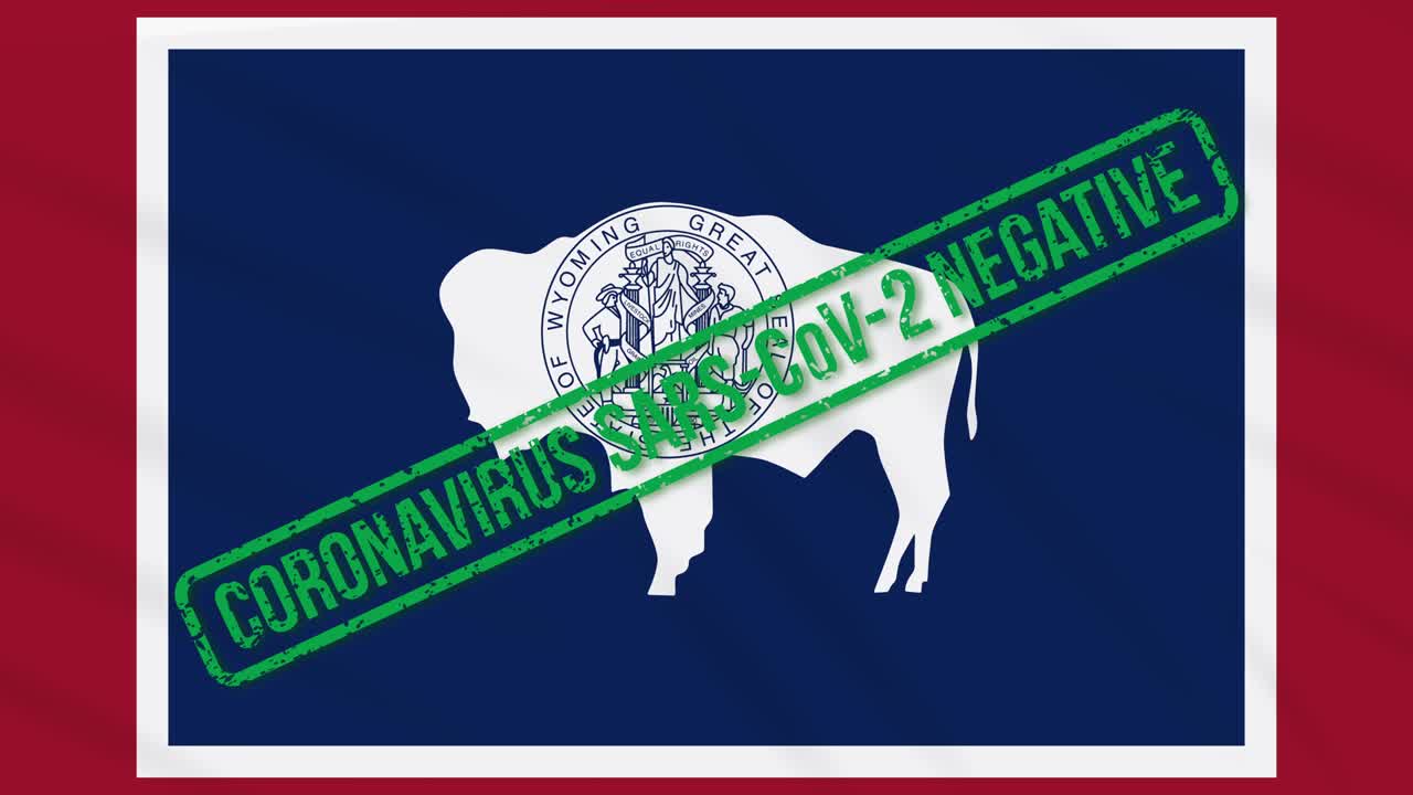 el estado estadounidense de wyoming balancea la bandera con el sello verde de la libertad del coronavirus, bucle